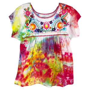 Zaros Medium Blouse Farm Flowers Tie Dye‎ Handmade Pink Orange Embroidered 391